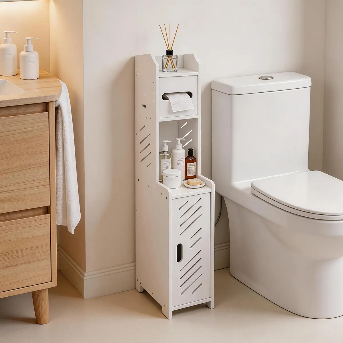 White Sturdy Waterproof Modern PVC Toilet Paper Holder Stand - Large Capacity Slim Bathroom Regular Door Storage Cabinet Organizer for Small Spaces Beside Toilet