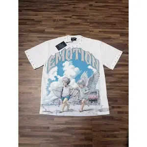 Fashion Brand Mixed Emotion Embroidery Rhinestone American Streetwear Angel Print Hot Diamond Top Tee Men Women Loose T shirts