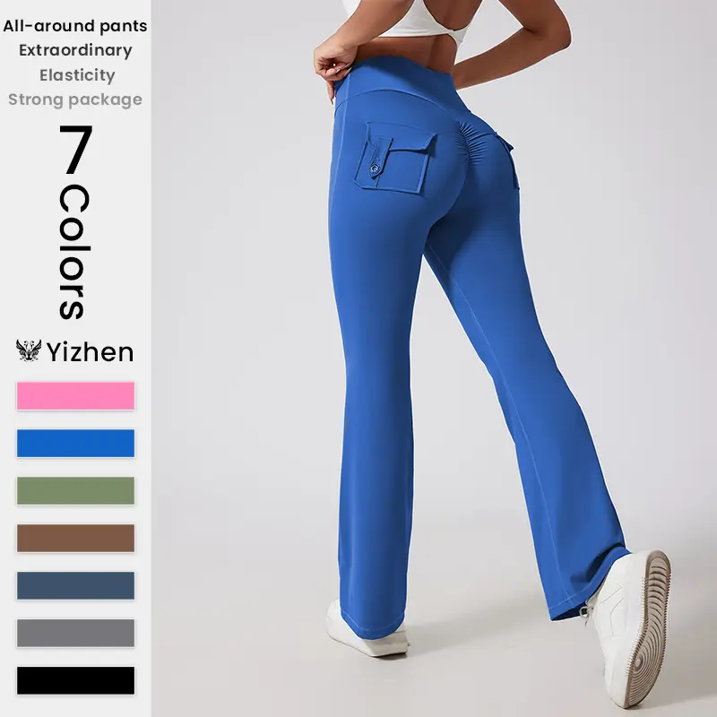 Solid Compression Yoga Pants for Women - High-Waisted Flare Activewear with Cargo Pockets, Butt-Lifting Design for Dance, Athleisure & Womens Fitness, Activewear Dance Athleisure, Gym Exercise Activewear