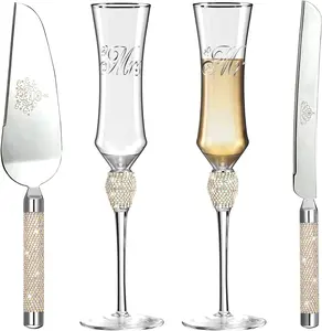 Wedding Cake  and Server Set, Mr and Mrs Champagne Flutes Glasses for Bride and Groom Decorated with Colorful Rhinestones, Wedding Gifts for Newly Engaged Couple ()
