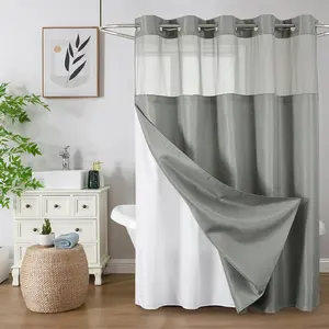 No Hook Shower Curtain with Snap in Fabric Liner, Waffle Weave Heavy Duty Thick Shower Curtains with Mesh Top Window, Hotel Style Waterproof Bathroom Curtain Set, 72 x 75 Inch, Grey