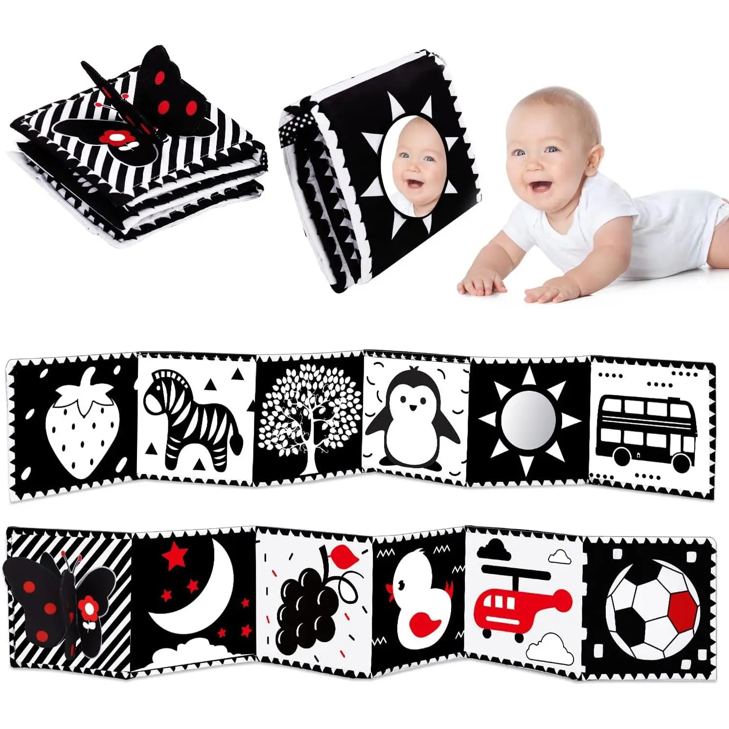 Soft Cloth Crinkle Book, High Contrast Black and White Tummy Time Toy with Mirror for Newborns 0-3 Months, Unisex Newborn Development Gift