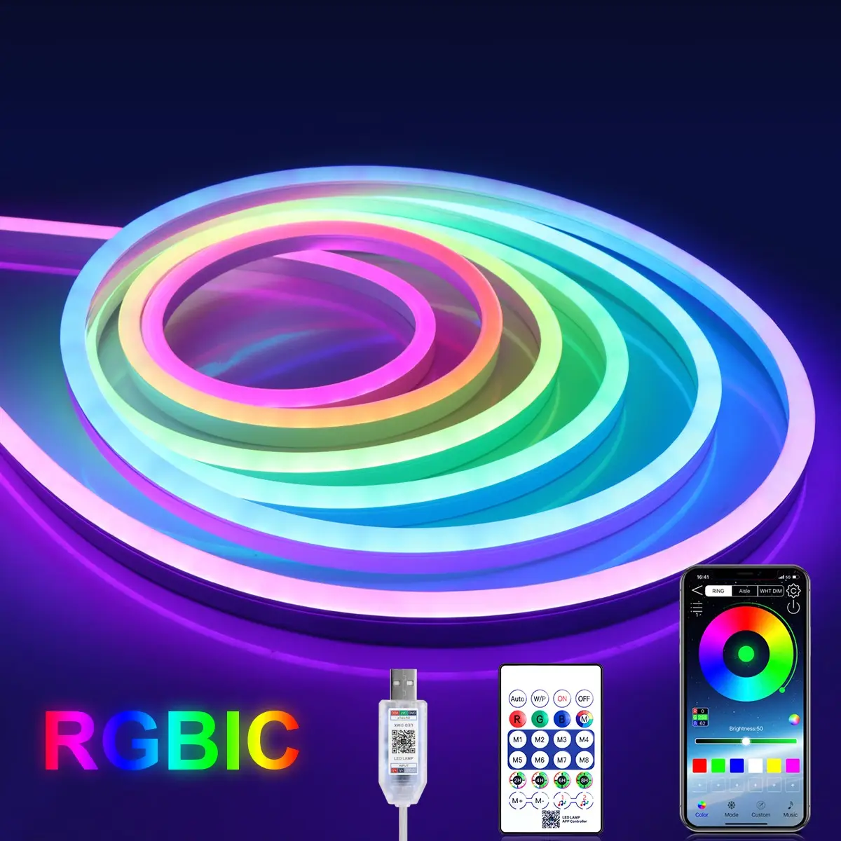 Smart Wi-Fi/Bluetooth-Compatible DC 5V USB RGBIC LED Light Strips, 5 m/10 m Waterproof Fairy Lights, Remote and App Control, Home Room Decoration, Vibrant RGB Lighting