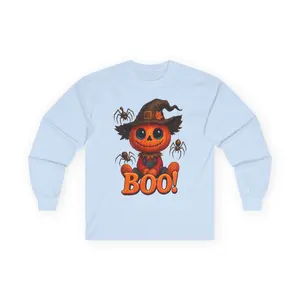 Scarecrow Boo Pumpkin Long Sleeve Tee, Halloween Shirt, Unisex Graphic Tee, Spooky Apparel, Ghostly Gift, Fall Fashion