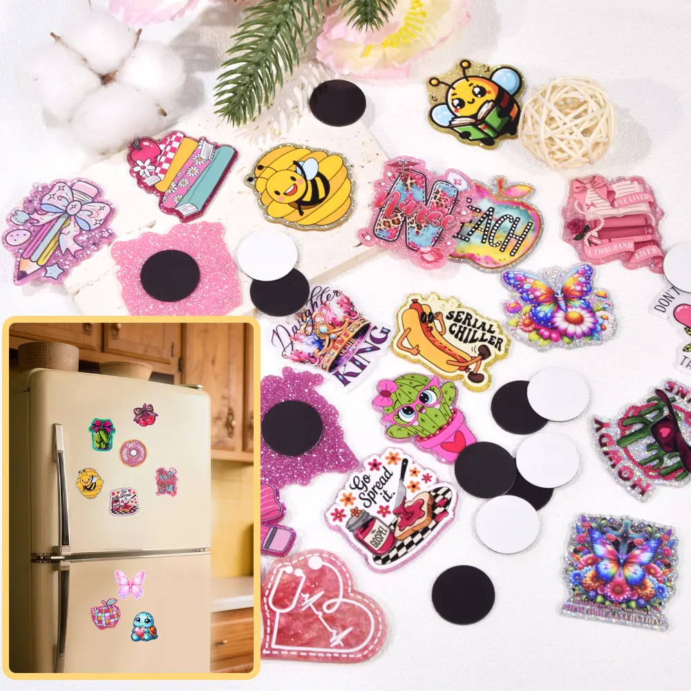 60PCS Refrigerator Magnet DIY Craft Kit, Acrylic Flatback & Magnetic Sticker Set - 20PCS Cartoon Acrylic Flatbacks, 40PCS Self-Adhesive Magnetic Sheets for Home Decoration, Flower Magnets