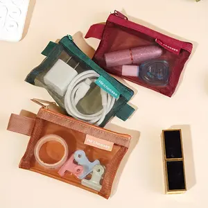 5pcs  Minimalist Nylon Mesh Cosmetic Pouches, Travel Organizer Clutches, Travel Essentials, Cosmetics Organizer, Makeup Containers, Hand Washable Lightweight Makeup Bags for Women Storage Bag Zipper Coin Wallet Transparent Mini Bag, Transparent Vanity Bag