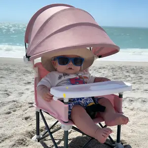 Portable Baby Beach Chair –Travel Booster Seat with Tray for Baby Lightweight Folding Travel High Chair with Carry Bag & Removable Tray for Sand, Camping, and Picnics with UPF 50+ Sun Canopy