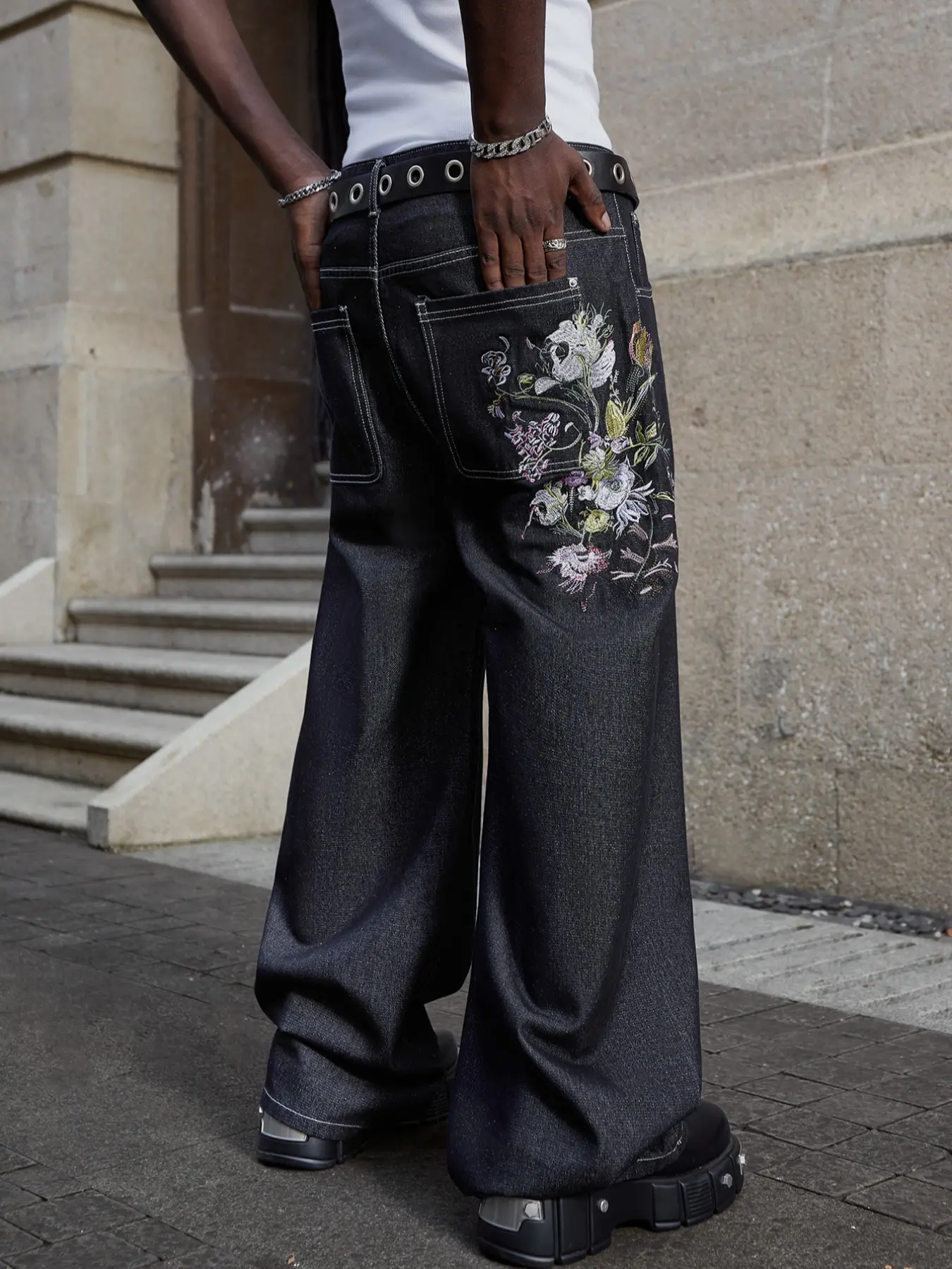 Hiphop Floral Embroidery Casual Comfy Denim Jeans, Man Trouser, Vintage Low Waist Oversized Baggy Wide Leg Pants, Y2K Unisex Fashion, Loose Style, Perfect Gift for Boyfriend or Husband, Streetwear, Pocket