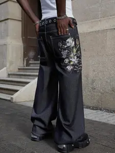 Hiphop Floral Embroidery Jeans, Vintage Low Waist Wide Leg Pants, Y2K Unisex Fashion, Loose Style, Perfect Gift for Boyfriend or Husband, Streetwear, Pocket