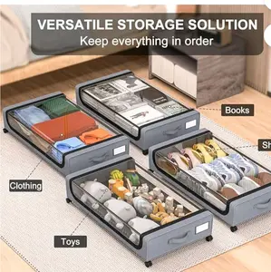 Under Bed Storage with Wheels, 2 Pack Under Bed Storage Containers, Under Bed Shoe Storage Organizer, Rolling Under Bed Metal Drawer for Clothes, Black