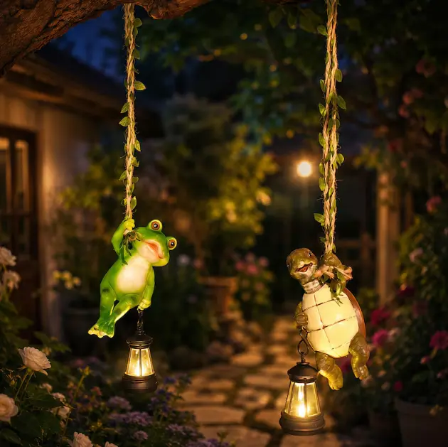 Playful Hanging Resin Frog-Turtle Statue Solar Lantern - Solar Outdoor Lights with Lantern Glow, Waterproof Outdoor Nightlight, Perfect Gift for Animal Lovers for Home Improvement & Garden Decor