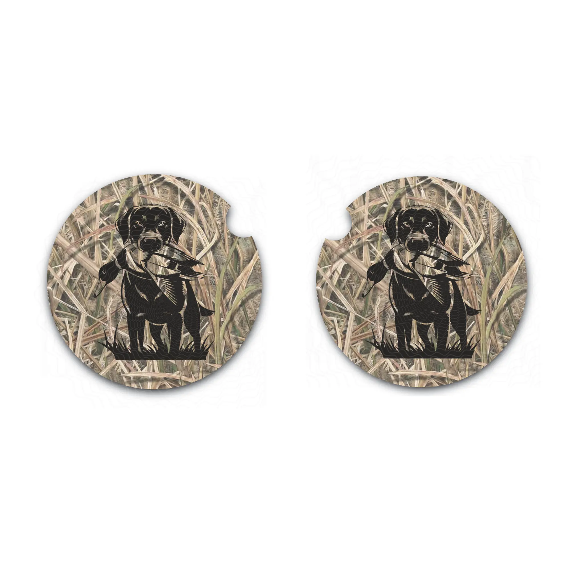 Camo Car Coasters, Shadow Grass Inspired, Lab Duck Hunting, Neoprene Coasters Set of Two, Auto Accessories
