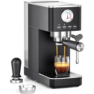 Espresso Machine, 20 Bar ULKA Pump, Compact Espresso Maker Built-in Flow Meter Steam Milk Frother, Stainless Steel Coffee Machine for Cappuccino, Latte (Black)