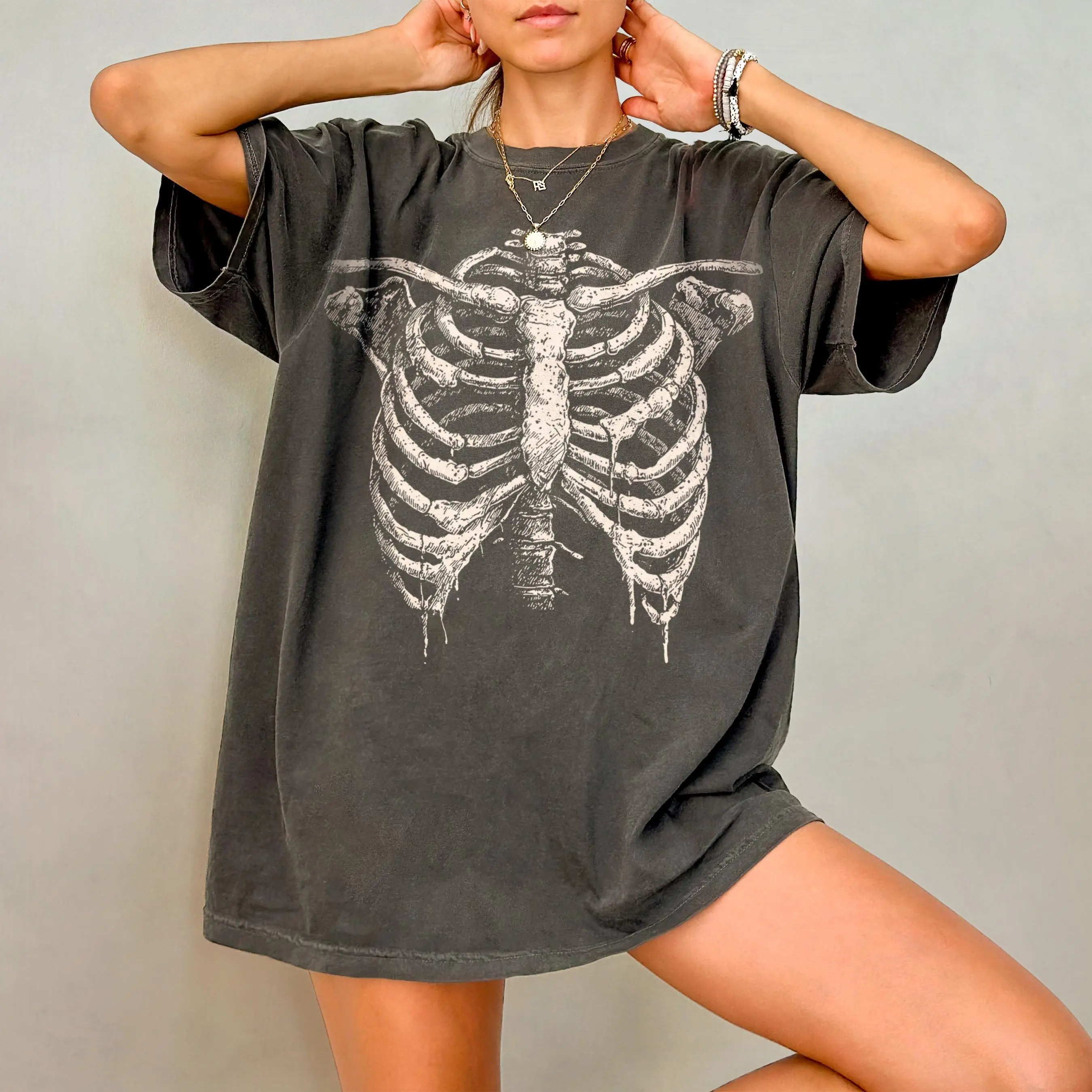 Comfort Colors Skeleton Ribcage Shirt, Vintage Goth Halloween T-Shirt, Edgy Grunge Rib Cage Graphic Tee, Alt Y2K Goth Style, Spooky Season Gift for Women Men