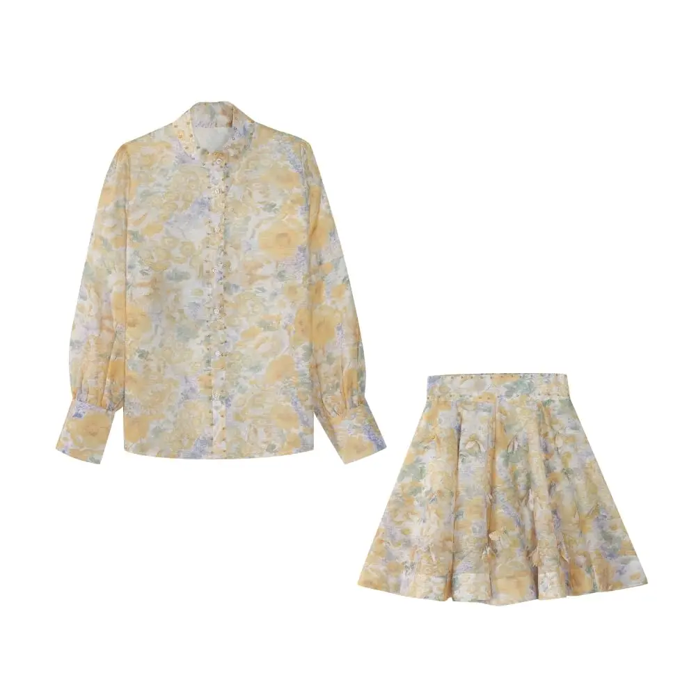 Floral 2 Piece Skirt Set for Women: YUSHE High Neck Blouse & Matching Skirt – Elegant Vacation Outfit – Lightweight Long Sleeve Co-Ord Set – Chic Brunch & Everyday Clothes