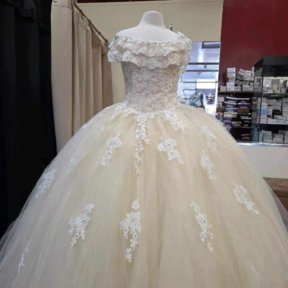 ML518 Champaign Beaded Corset Quinceañera Dress with Off-Shoulder Lace Detail and Tulle Skirt size 10