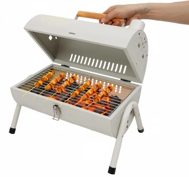 Portable Charcoal Camping Grill Mini Tabletop BBQ Barbecue Grill with Wooden Handle Foldable Small Iron Grill for Outdoor Cooking Picnic Backyard Party Beach Bonfire White