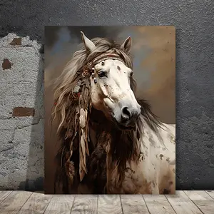A Simple Style Horse Wall Art with Feathers and Beads - Modern Canvas Painting, Wooden Frame, Suitable for Home Office Decoration, Indoor Wall Hanging, Christmas Gift, Horse Decoration, Perfect Room Decoration