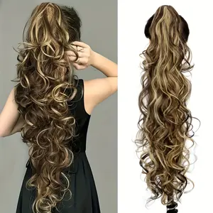 Big wavy curly ponytail hairpiece with extra-large claw clip - golden brown synthetic hairpiece, soft and fluffy strands, secure grip, suitable for daily use and various occasions