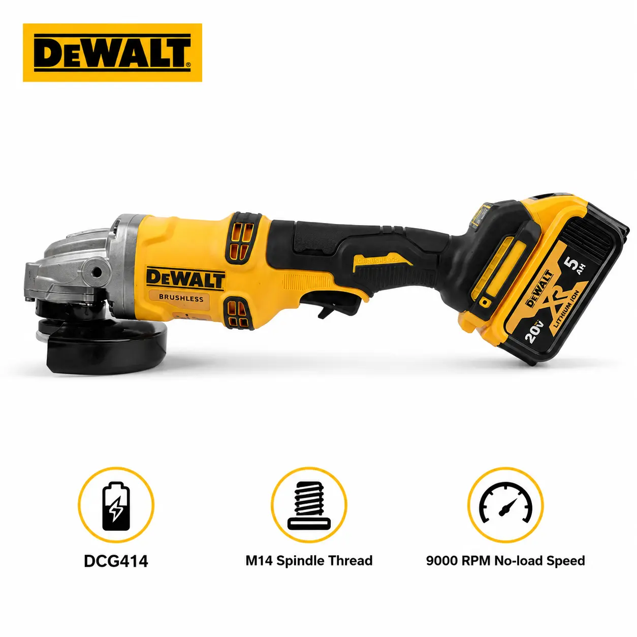 DEWALT DCG414 20V Flexvolt Brushless Cordless Angle Grinder With 5.0Ah Lithium Cell, M14 Spindle 9000 RPM Cutting Grinding Device For Metal Fabrication Building Workshop Jobs, Electronic Brake E-Clutch Anti-Kickback Safety Functions