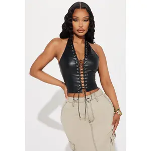 Up To No Good Lace Up Top - Black