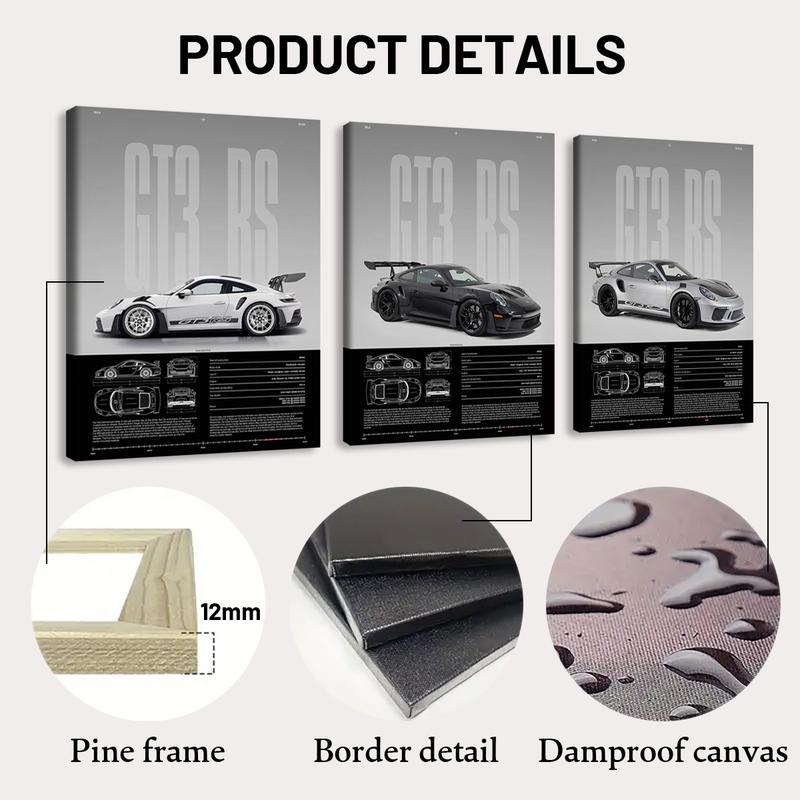 3 Counts Wooden Framed Canvas, Cool Supercar Poster, Exquisite Sports Car Patterns, Exquisite Fashion Poster, Perfect Living Room Decoration, Modern Art, Family Poster, Wall Art Decoration, Ideal Gift, Waterproof, Artwork, Modern Home Decor
