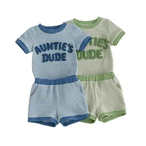 Infant Baby Boys Shorts Set Waffle Embroidery Letters Romper with Stripes Shorts Summer Set 2-piece Outfit 0-18 Months