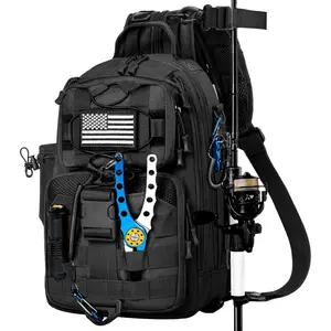 Fishing Backpack Tackle Sling Bag, Tactical Fishing Tackle Backpack with Rod & Gear Holder, Outdoor Fishing Pack Shoulder Bag