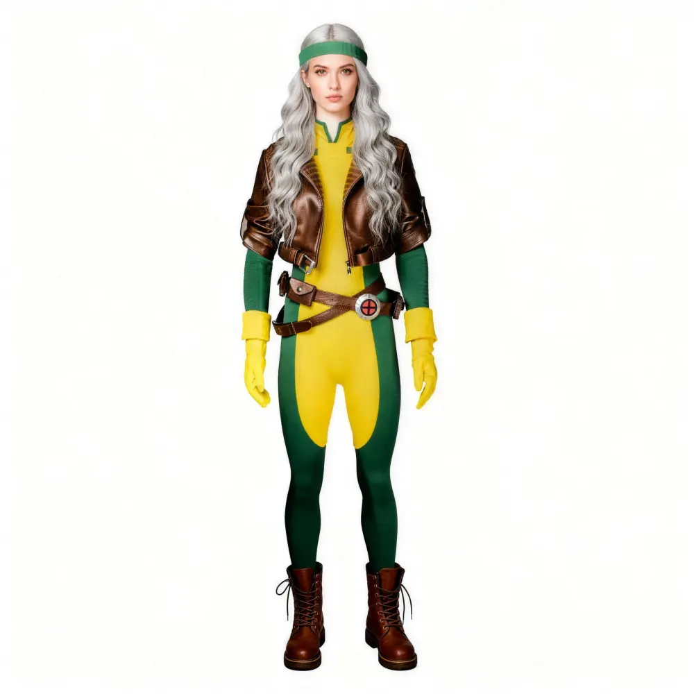 Rogue Yellow Green Bodysuit Brown Leather Jacket Cosplay Costume Set for Comic Con