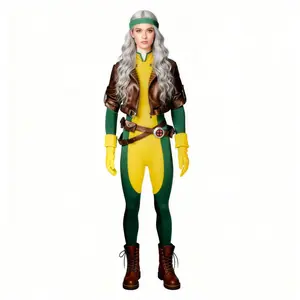 Rogue Yellow Green Bodysuit Brown Leather Jacket Cosplay Costume Set for Comic Con