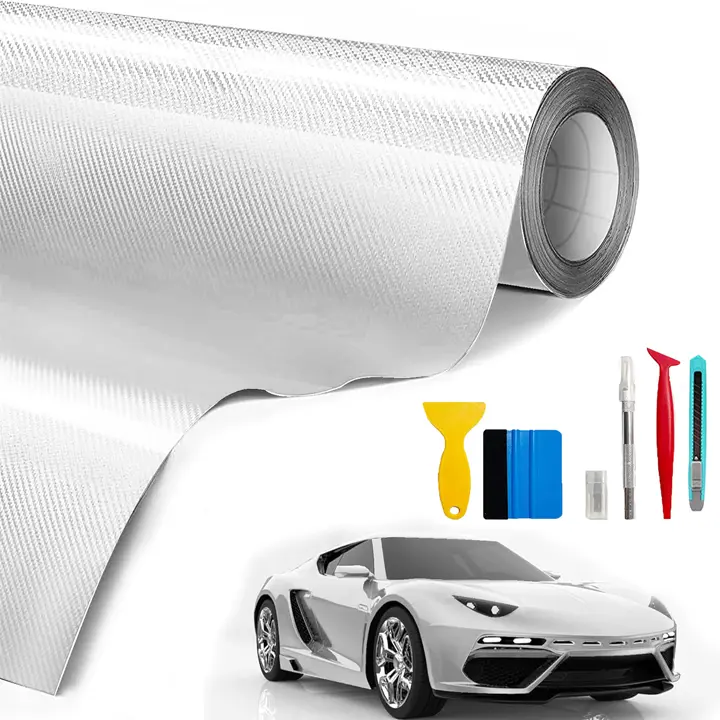 6D White Carbon Fiber Vehicle Vinyl Wrap - 10FT x 1FT Self-Adhesive, Anti-Wrinkle, Air Release DIY Decals with Application Tools for Automotive & Motorcycle Exteriors
