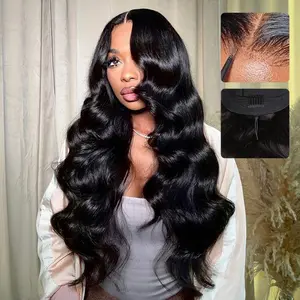 [Drawstring Glueless Wig] Bling Hair Body Wave 13x6 Drawstring Glueless Wigs Human Hair Pre Plucked Pre Cut 180% Density 13x4 Transparent Lace Front Wig Human Hair Wear and Go Glueless Wigs for Black Women Natural Color