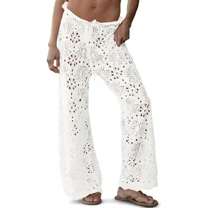 Imily Bela Womens Crochet Swimsuit Coverup Pants High Waisted Drawstring Sexy Sheer Mesh Knit Wide Leg Beach Pants