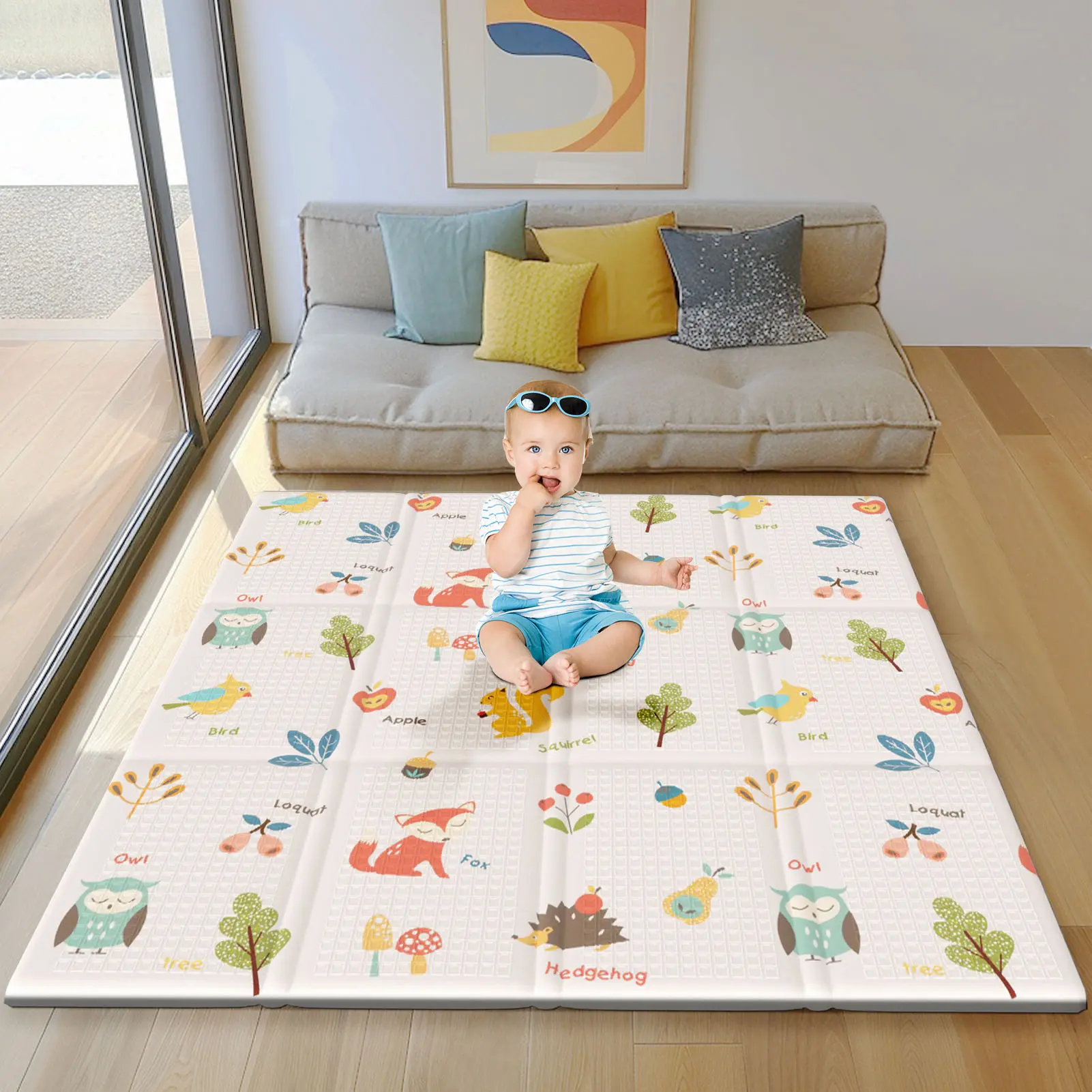 XVISHX Baby Foam Play Mat - 50*50*0.4 in Foldable, Waterproof, Portable Bisphenol A-Free Mat for Baby Playpen Floor, Non-Toxic Hygienic Play Space for Infants, Odorless, Spill Proof, Cute Animals, Dual-Sided