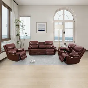 Deep Red Breathing Leather 3-Piece Living Room Recliner Sofa set