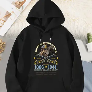 Buffalo Soldiers Hoodie - Black History & African Heritage Women's Long Sleeve Hooded Sweatshirt, Black Pride Wear, Educational Patriotic Apparel Gift, Soft & Comfortable Graphic Print Hoodie for Casual Wear, Sizes S to XXXL