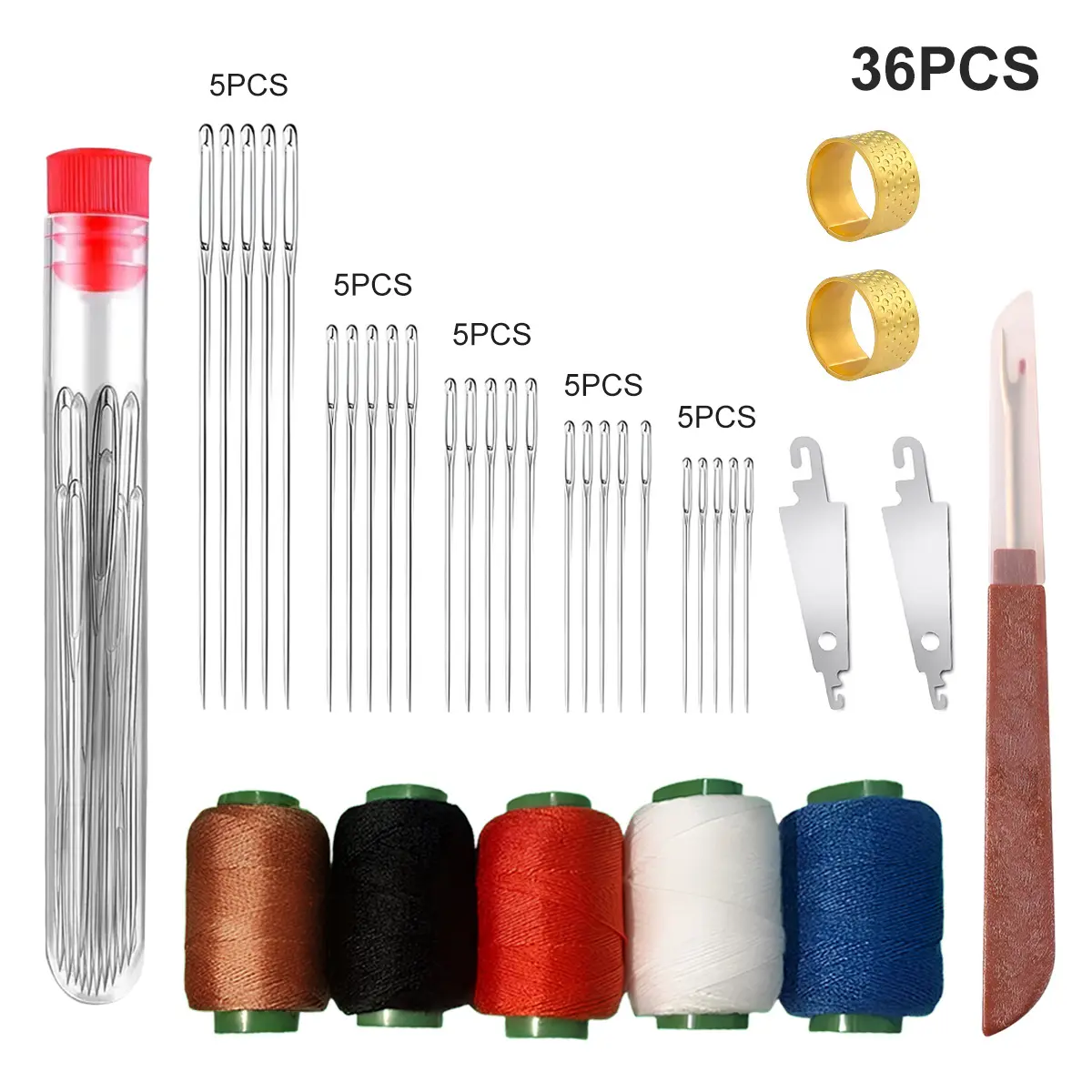 36PCS Big Eye Steel Needles Set - Long & Thin Handmade Quilting & Sewing Needles Kit for DIY Sewing Projects Include 25 Steel Needles, 5 reels of Thread, Seam Ripper, 2 Needle Threader, 2 Thimbles