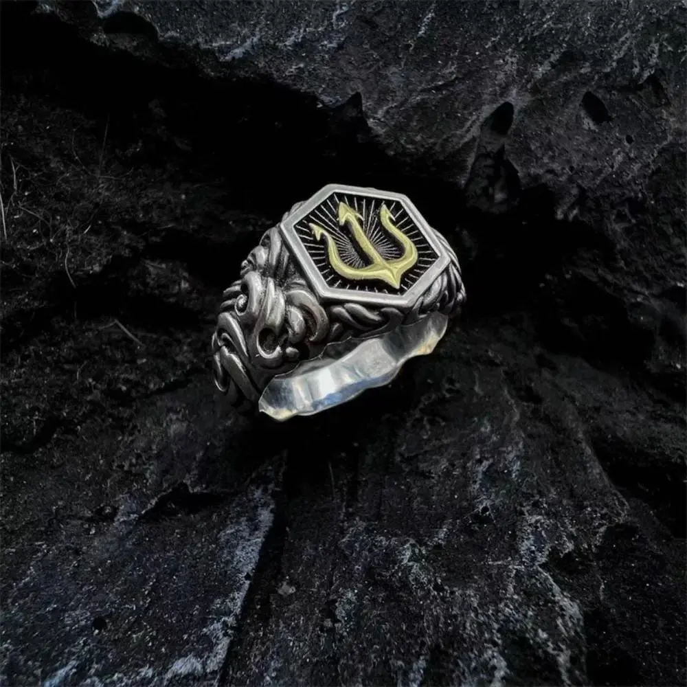 Men's Silver Adjustable Trident Neptune Ring - New, Simple, Retro, Creative Trendy Personalized Hip Hop Punk Engagement Fashion Costume Jewelry Accessory, Customized, Adjustable Size, Neptune Symbol, Male, Hip Hop Rings, Street, Neptune Motif