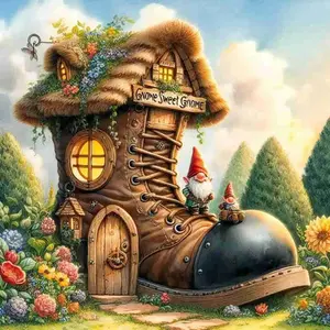 Gnome Boot House Garden 5D Full Drill Diamond Painting Kit Design with Shimmering Rustic Boot and Floral Accents Fairy Tale Art Style DIY Art For Home Wall Decor Ideal Gift For Gnome And Craft Enthusiasts, Diy Craft Supplies