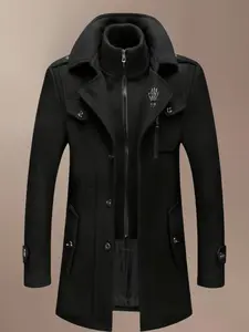 Men's Fashion Double Collar Mixed Fiber Long Coat, Zipper and Pocket Design, Warm and Durable, Suitable for Business or Casual Autumn/Winter, Casual Fashion Jacket