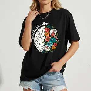 Mental Health Women's Vintage Style T-Shirt, Short Sleeve Round Neck Casual Top, Suitable for Autumn, Summer and Spring, Daily Wear, Wo