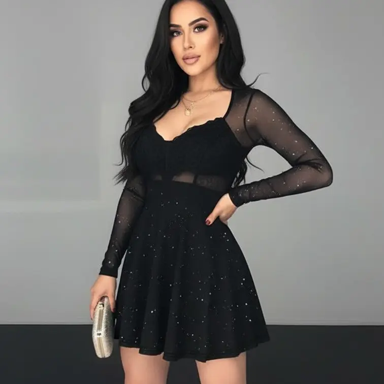 Women's Formal Lace Panel V-Neck Long Sleeve A-Line Mini Dress - Stretch Polyester-Spandex Encaje Party Dress, Black and White Spotted Mesh Skirt, Suitable for Parties, Encaje Party Dresses