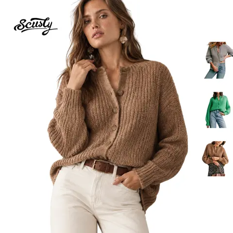 SCUSTY Women's Casual Long Sleeve Crewneck Button Down Cardigan Sweater Knit Outwear Loose Fit Solid Color Knitwear for Spring Fall