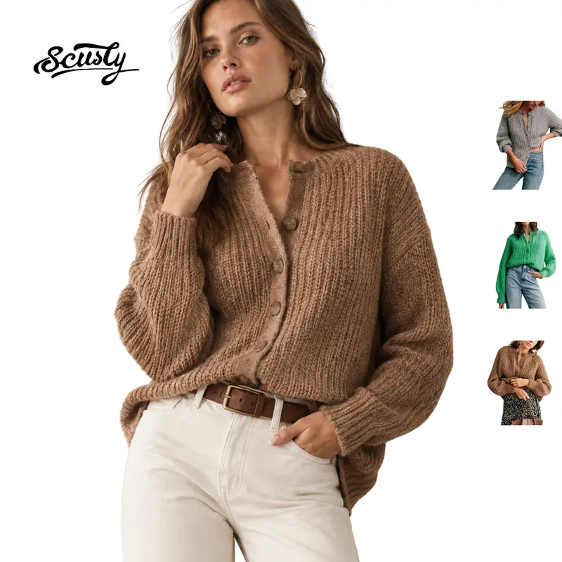 SCUSTY Women's Casual Long Sleeve Crewneck Button Down Cardigan Sweater Knit Outwear Loose Fit Solid Color Knitwear for Spring Fall