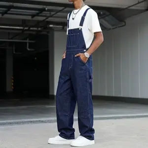 Men's Retro Workwear Denim Bib Overalls Dark Wash Wide Leg Loose Fit Multi Pocket Adjustable Strap Casual Street Style Pants