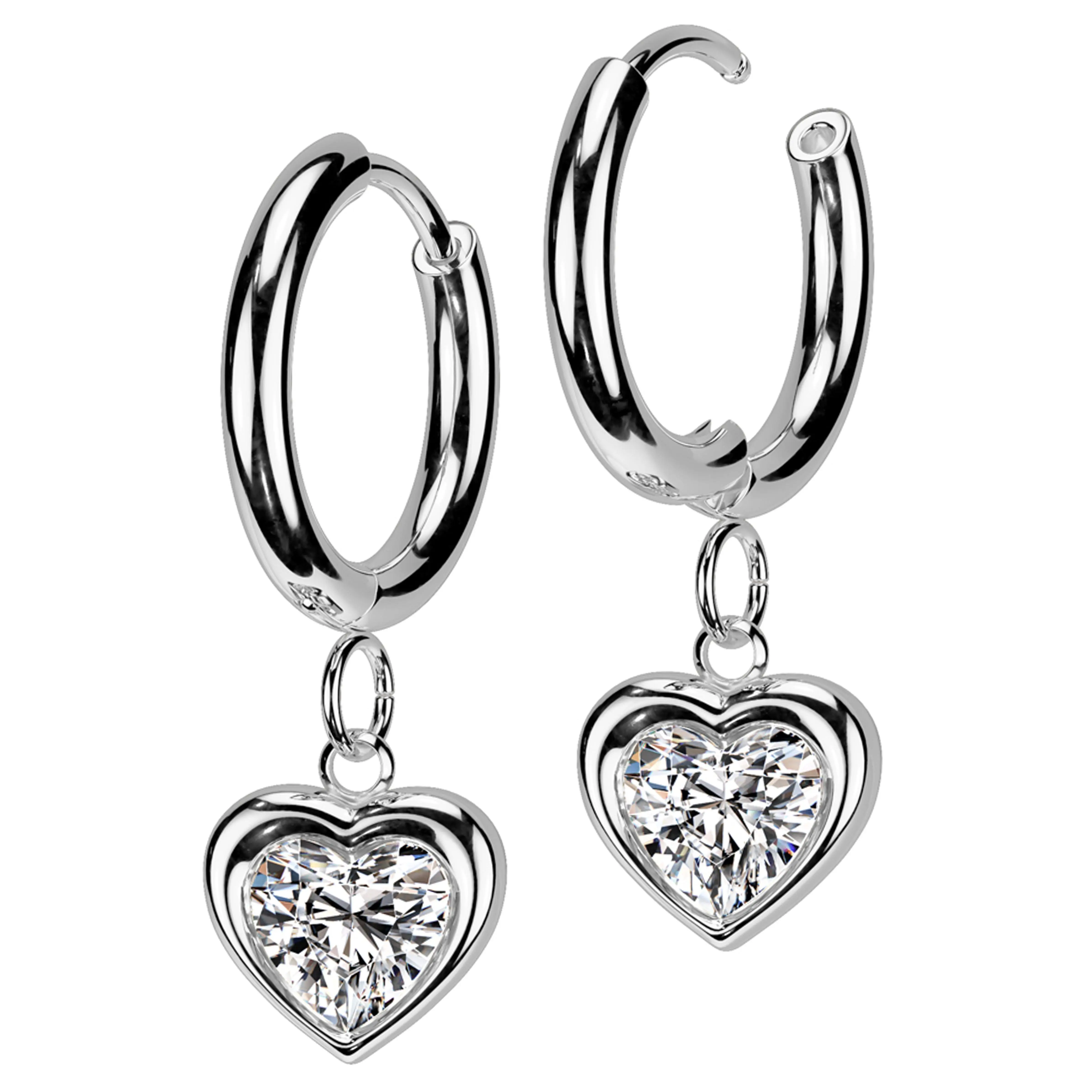 Heart Clear CZ Dangle Stainless Steel Hinged Earrings