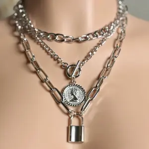 Silver Layered Statement Necklace Set – Chunky Chain Coin Lock Pendant for Women
