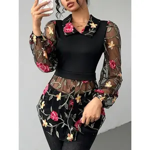 Spring Summer New Elegant Women'S Fashion Embroidered Mesh Design Contrast Color Patchwork Ribbed Faux Two-Piece Top