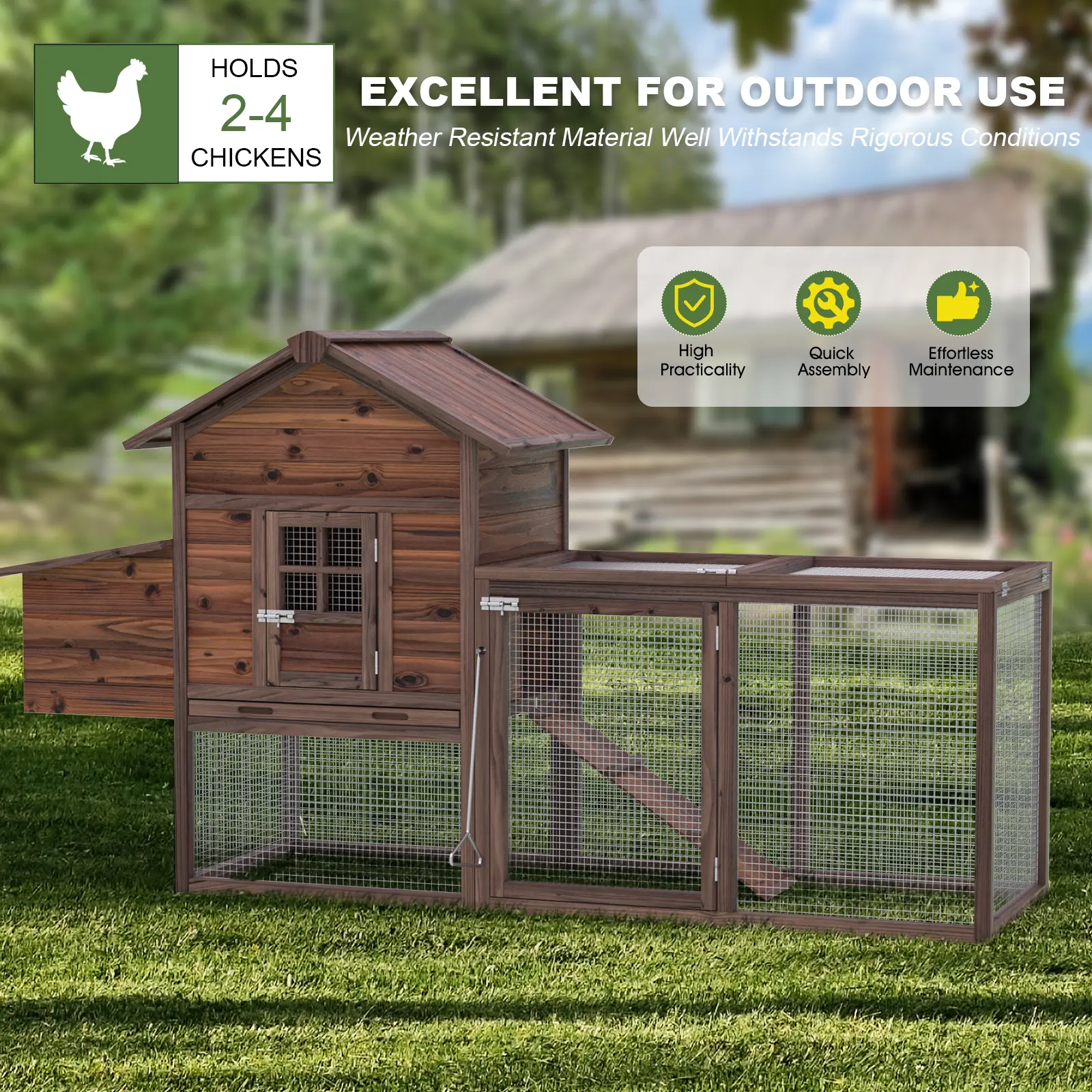 Grezone Large Wooden Walk-in Chicken Coop with Chicken Wire Fence, 80''H Outdoor Hen House for 2-4 Birds - Includes Nesting Box, Run, Waterproof UV Panel Cover, Suitable for Garden Poultry & Rabbits
