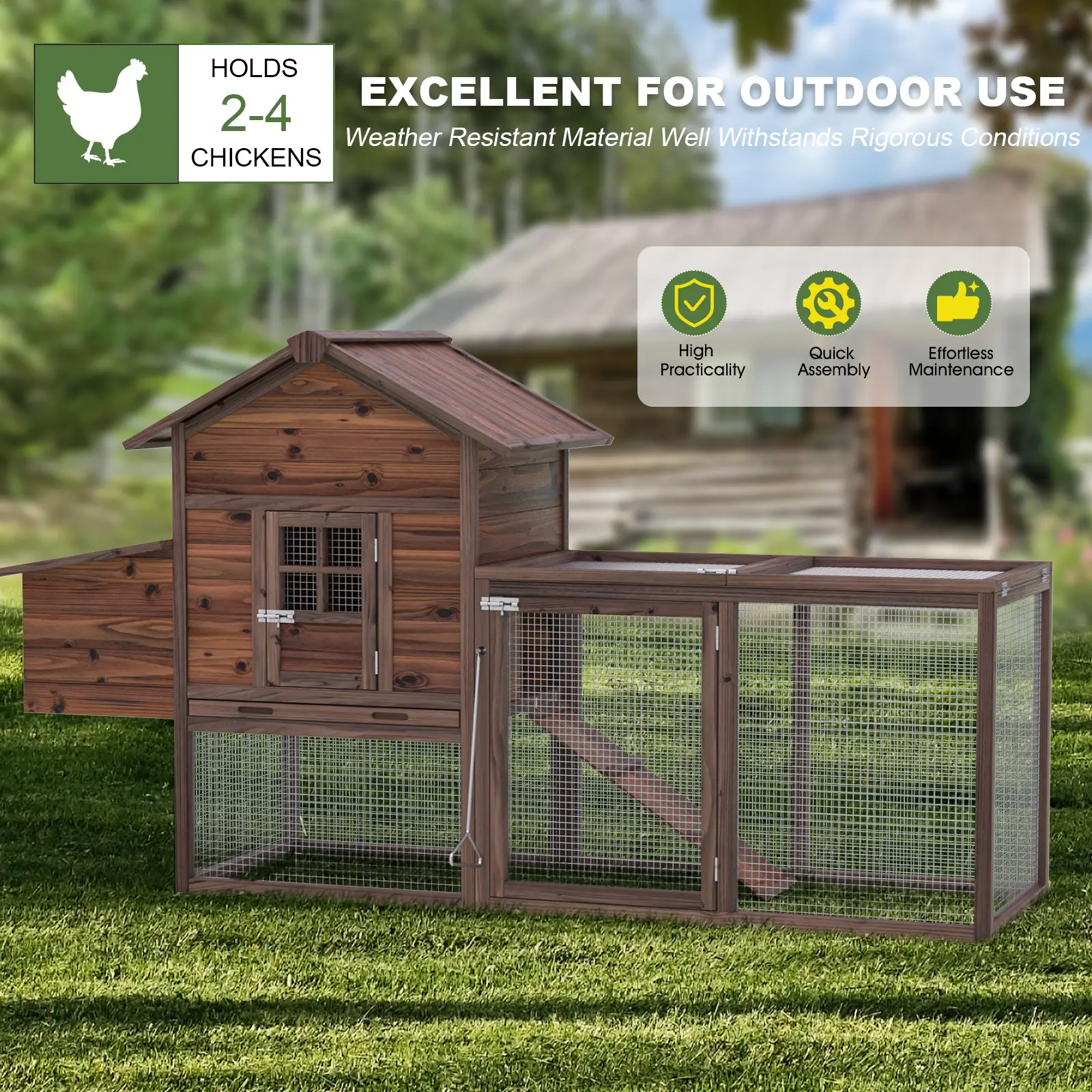 Grezone Wooden Chicken Coop Large Walk-in Outdoor Hen House for 2-4 Chickens 80''H with Nesting Box and Run,Poultry Cage Rabbit Hutch Waterproof UV Pa